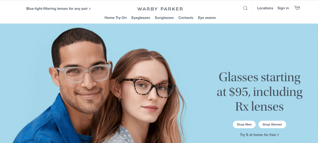 página inicial da warby parker